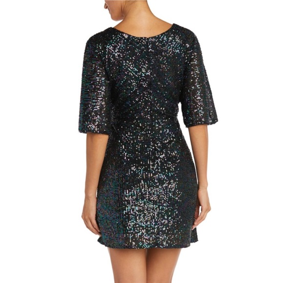 MORGAN & CO Juniors Black Sequined Elbow Sleeve Surplice Neckline Mini Dress - Picture 2 of 15